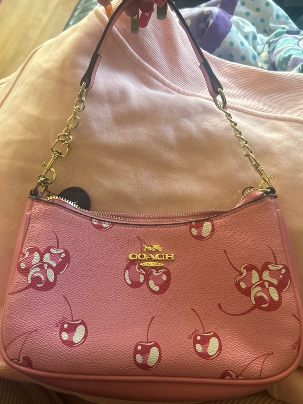 Coach Pink Cherry-Print Shoulder Bag with Gold Hardware